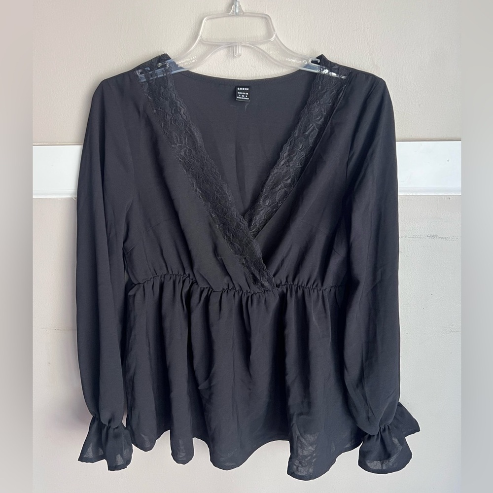 SHEIN Black V-Neck Lace Blouse Size S